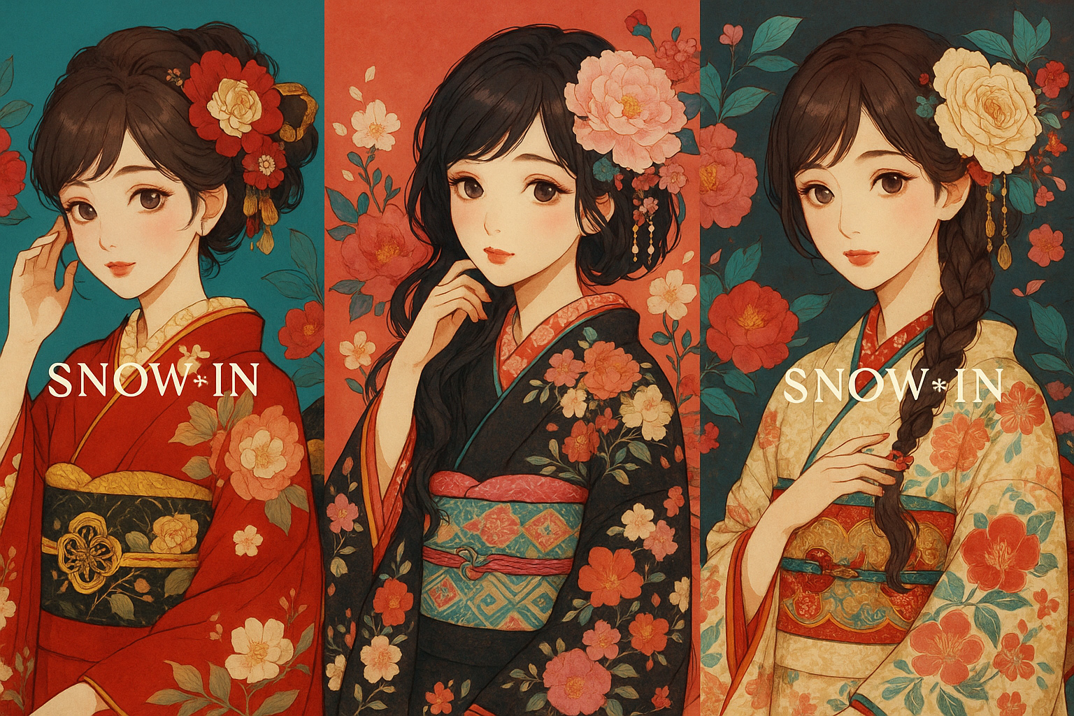 名古屋のフォトスタジオの成人式前撮りフォトの振袖3種