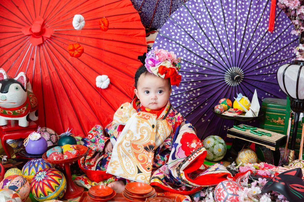 初節句の桃の節句記念。アンティーク着物の姫羽織でリアルお雛様になれるベビー和装フォト